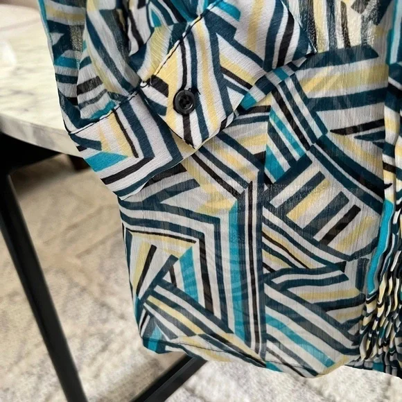 Banana Republic blue yellow navy stripe geo print tie blouse shirt top business - Picture 5 of 10